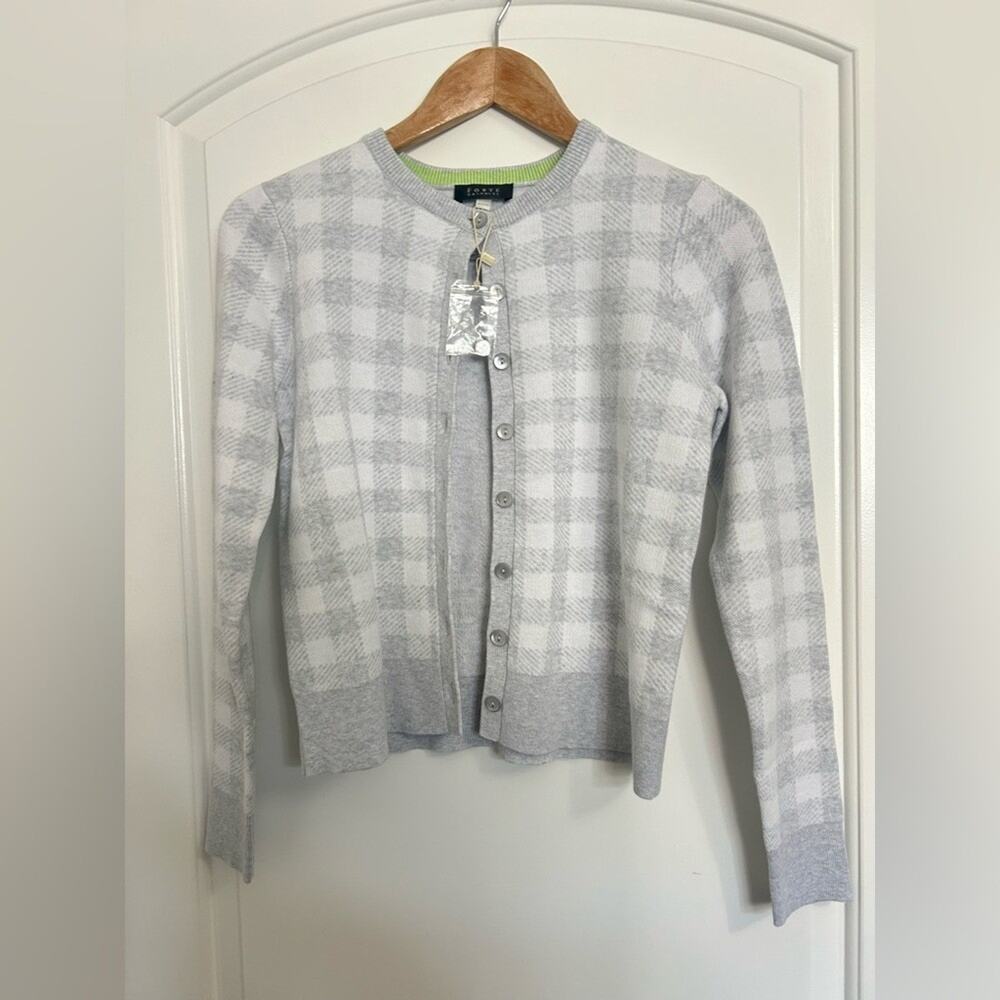Forte Cashmere Gray Plaid Women's Sweater 100% Cotton size XS preppy NWOT chic